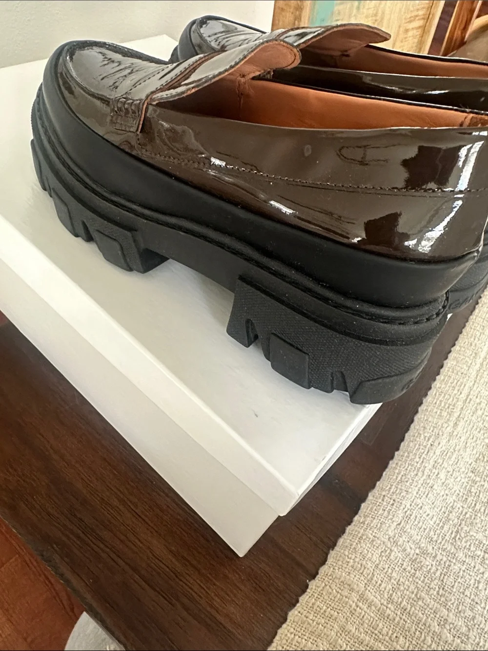 Ganni Brown Patent Leather Lug Sole Penny Loafers